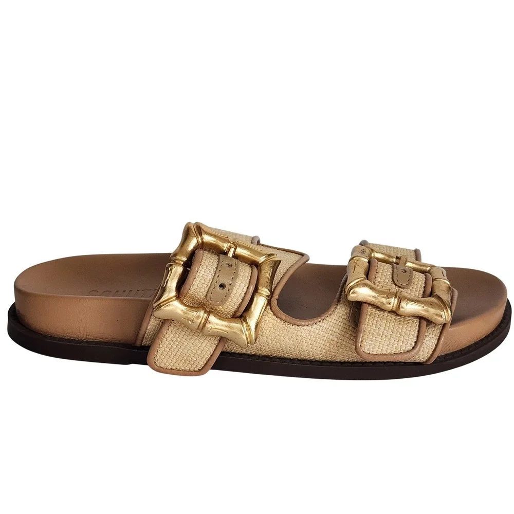 Schutz Enola Women 8 Raffia Double Strap Slide Sandals Gold Bamboo Buckle Tan